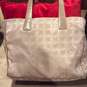 Auth CHANEL Travel Line Tote Bag Beige Nylon Jacquard Leather A15991 Used